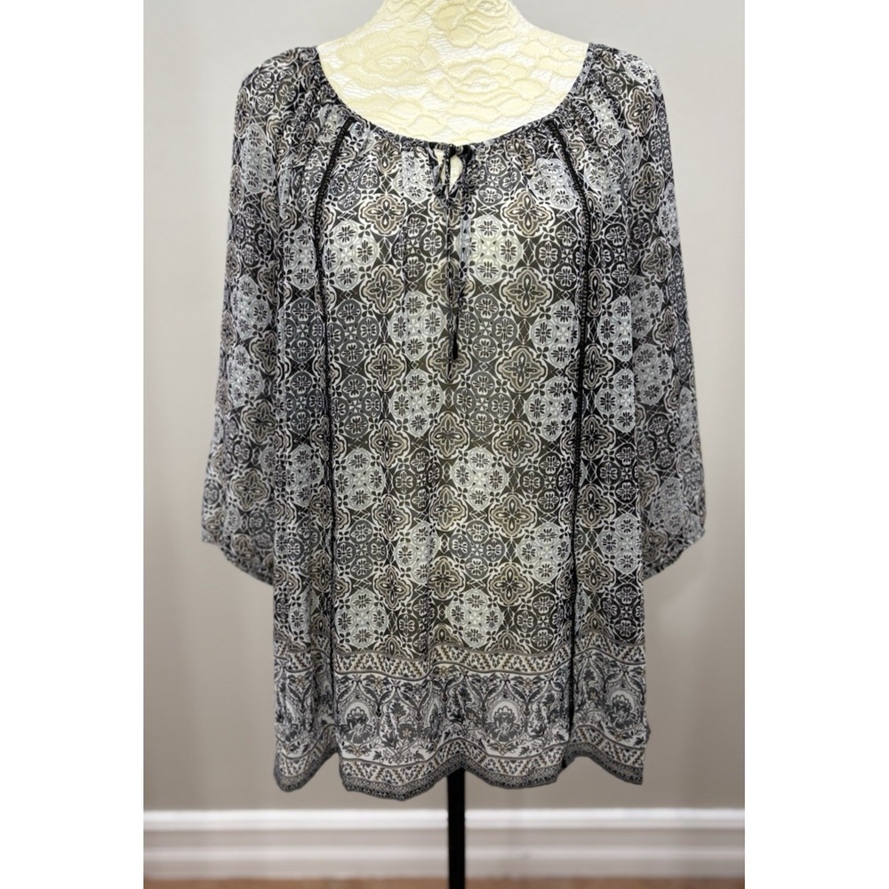 Croft & Barrow Womens 2X XXL Peasant Top Black White Gray Geometric Sheer Boho